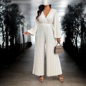 Reg and Plus Size Beige wrap jumpsuit, designed for the sophisticated woman